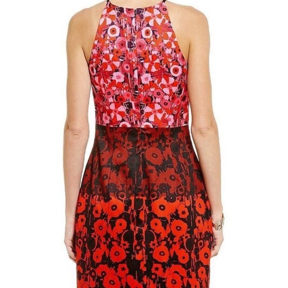 Badgley Mischka Red Pink Multicolor Romantic Printed Halter Sheath Dress Size 14 - Picture 2 of 15